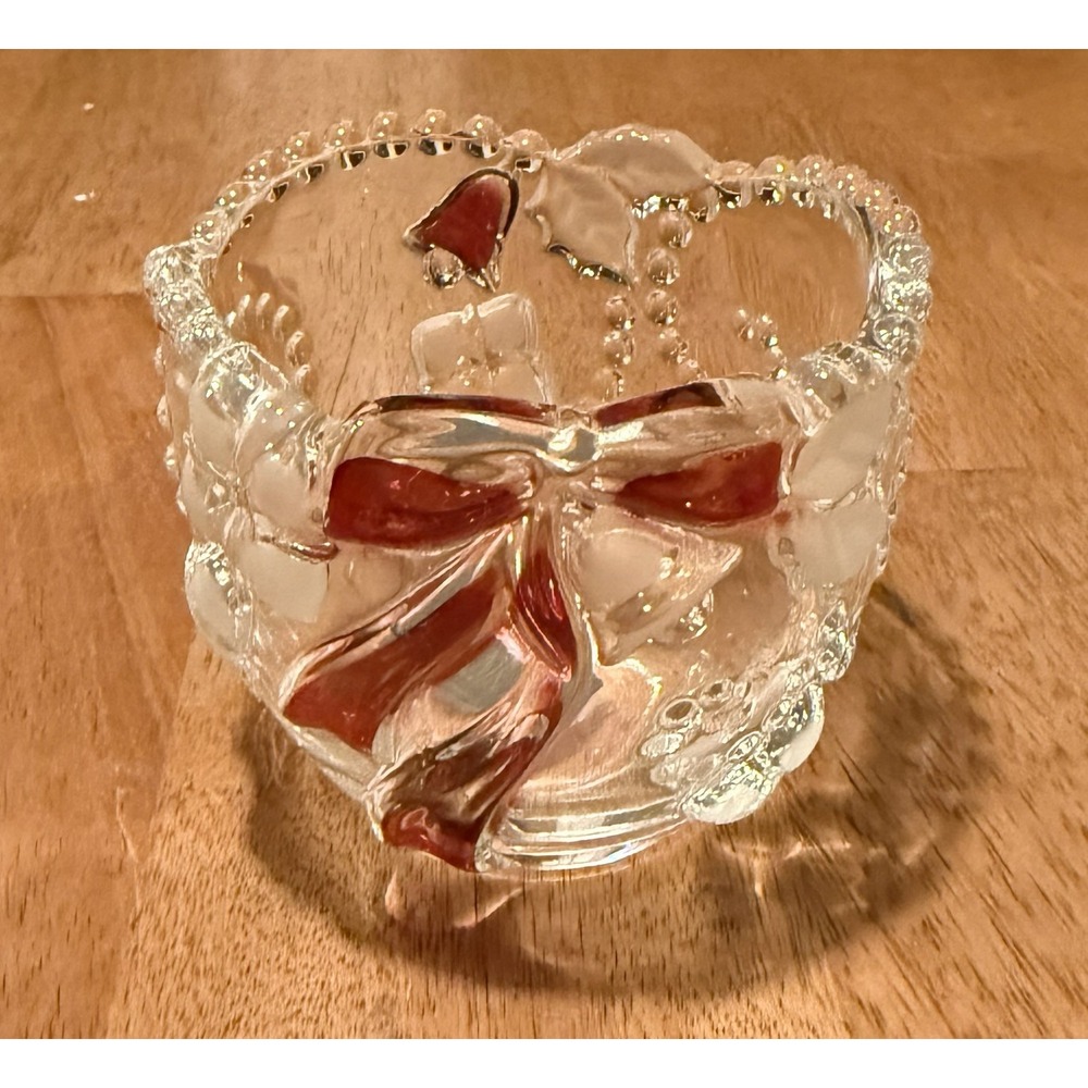 Mikasa Fiesta Crystal Christmas Votive Candle Holder Frosted Bow Bells Vintage